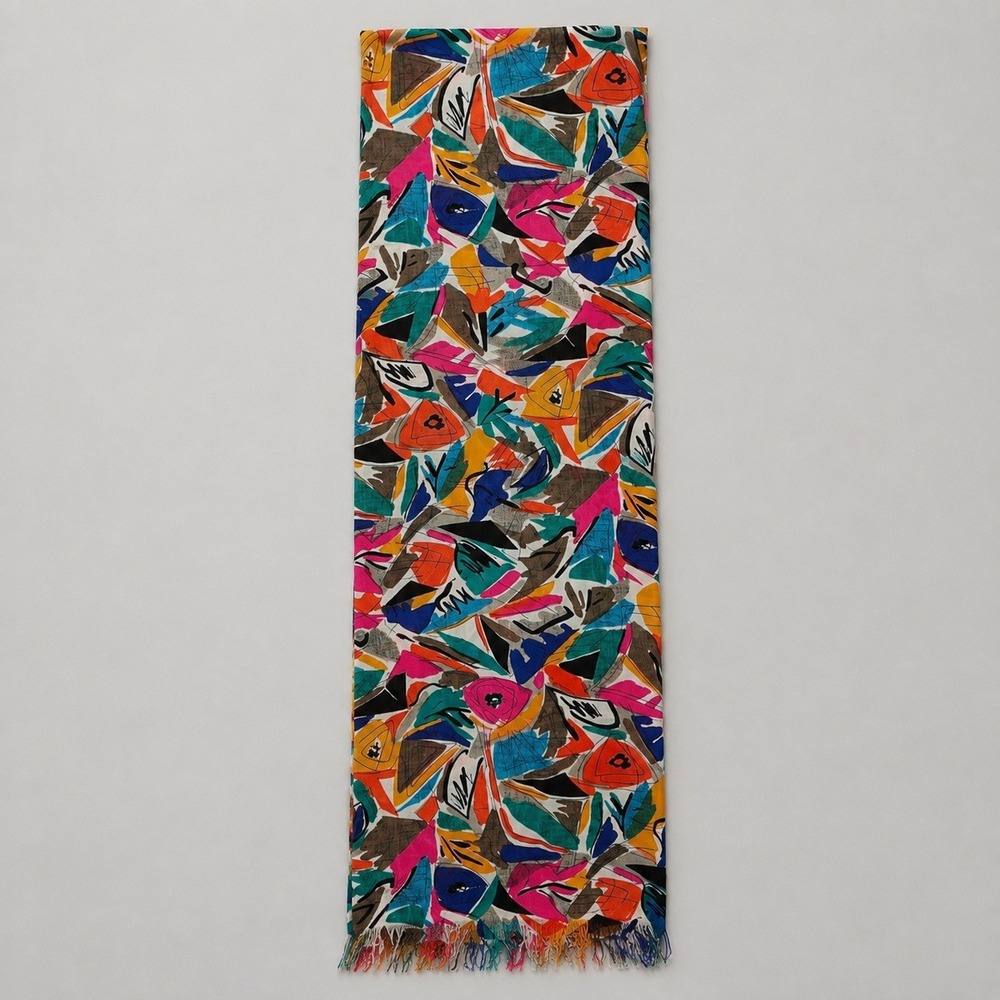 Multi Color Vintage Silk Scarf Abstract Geometric Fringe Trim Art Deco Fringed